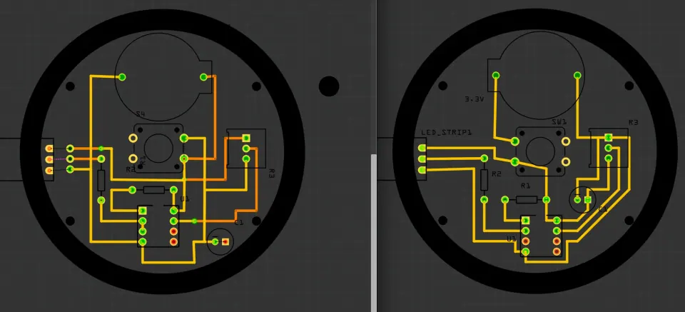 Two PCB layout screenshots side by side: an initial routing on both layers and a cleaner single-layer routing inside a circular board outline