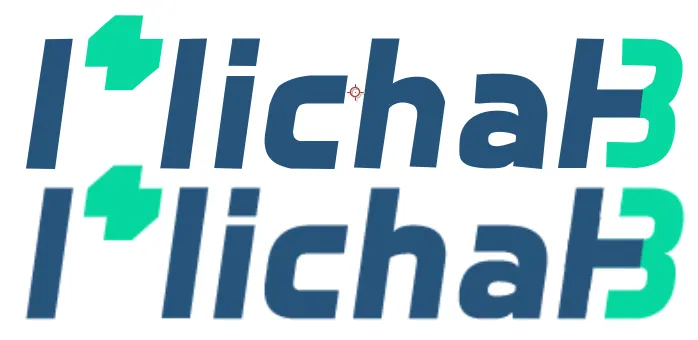 Two stacked versions of the blue and green Michal B wordmark, the traced version on top and the original below