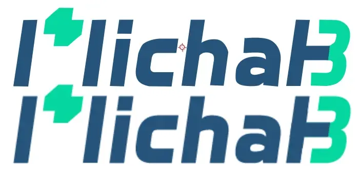 Two stacked versions of the blue and green Michal B wordmark, the traced version on top and the original below
