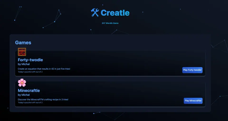 The Creatle home page: a dark page listing two games, Forty-twodle and Minecraftle, each with a Play button