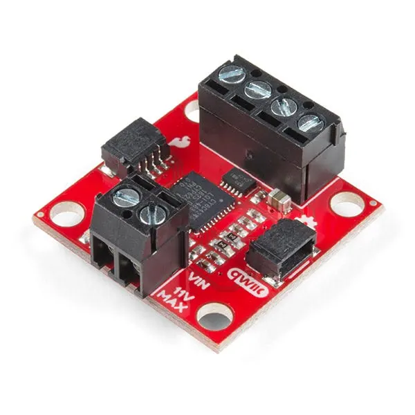 SparkFun Qwiic Motor Driver, a red board with two screw terminals and a Qwiic connector