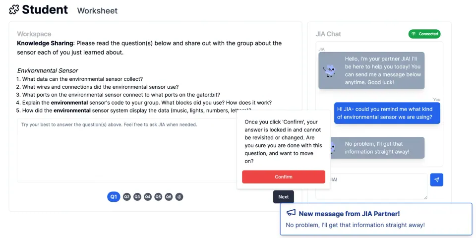 JIA student worksheet beside an AI chat panel, with a confirm dialog before submitting an answer