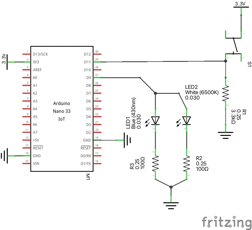 Fritzing schematic of an Arduino Nano 33 IoT with two LEDs and 100 ohm resistors on pin D9 and a pushbutton with a pull-down resistor on D11