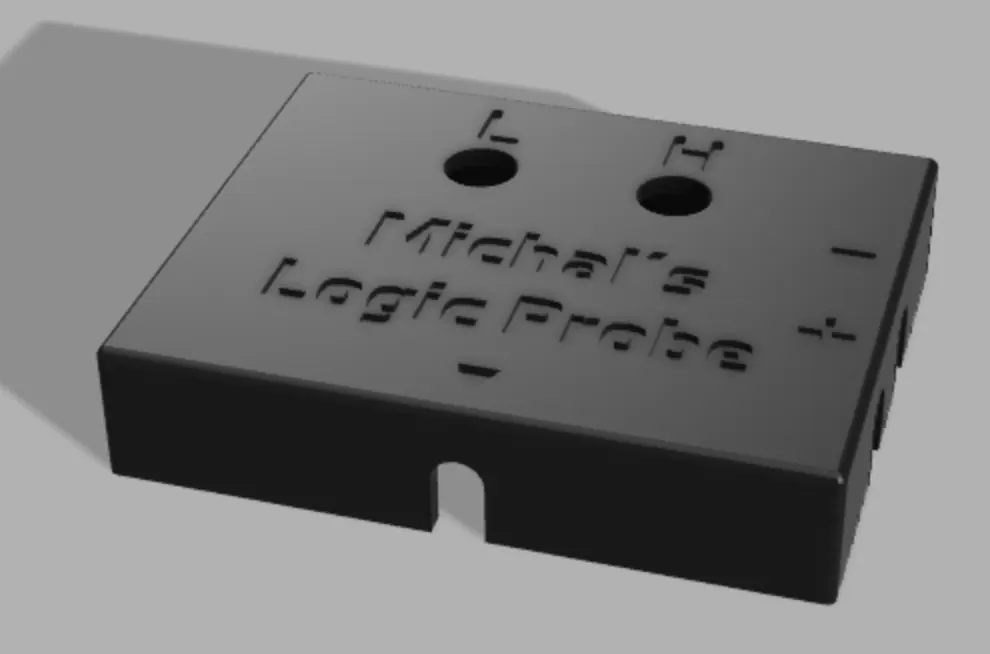 3D render of the black housing lid, engraved Michal’s Logic Probe, with holes for the L and H LEDs