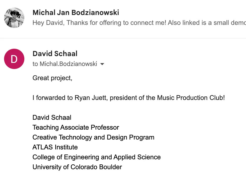 Email reply from Professor David Schaal offering to forward the demo to the Music Production Club