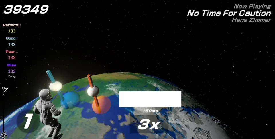 An astronaut running over Earth with score, hit tallies and a combo counter