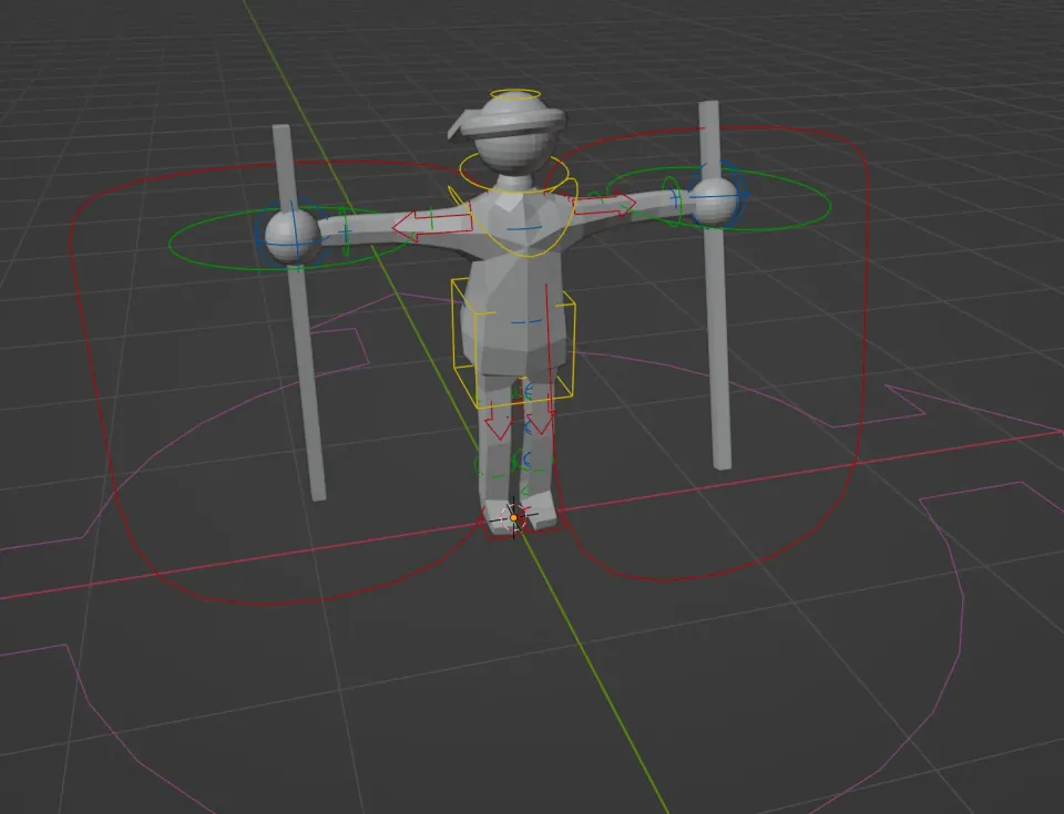 Low-poly character rigged in Blender, holding two hiking poles in a T-pose