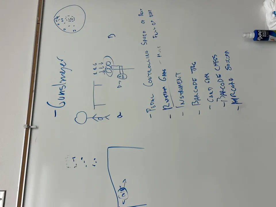 Whiteboard with scattered ideas for potential games