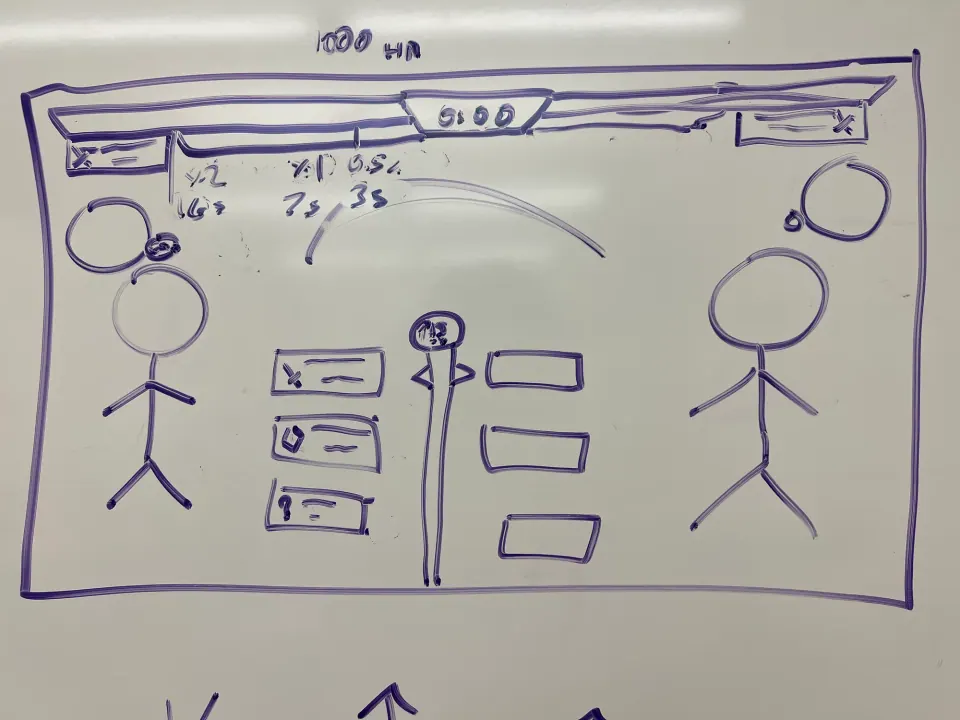 Whiteboard sketch of the game UI: two players, health and stamina bars, attack cards and a central pole