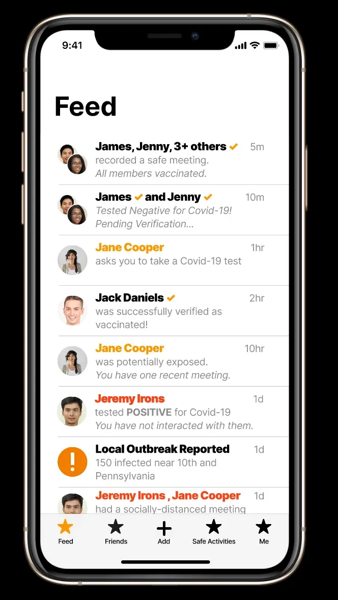 The PlaySafe! feed: a list of friends' updates about safe meetings, test results, vaccination checks and a local outbreak report