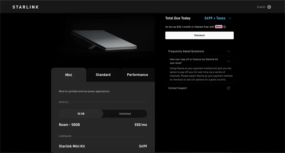 Starlink order page in dark mode with plan options, a total due today and an FAQ
