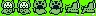 Pixel-art sprite sheet of the robot cat in four shades of green, showing front, back and side poses