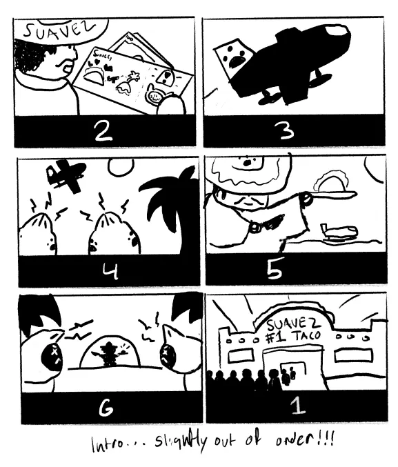 Six-panel comic storyboard of the intro story, labelled Suavez, with a plane, an island with a palm tree, two cats and a crowd outside a Suavez #1 Taco building