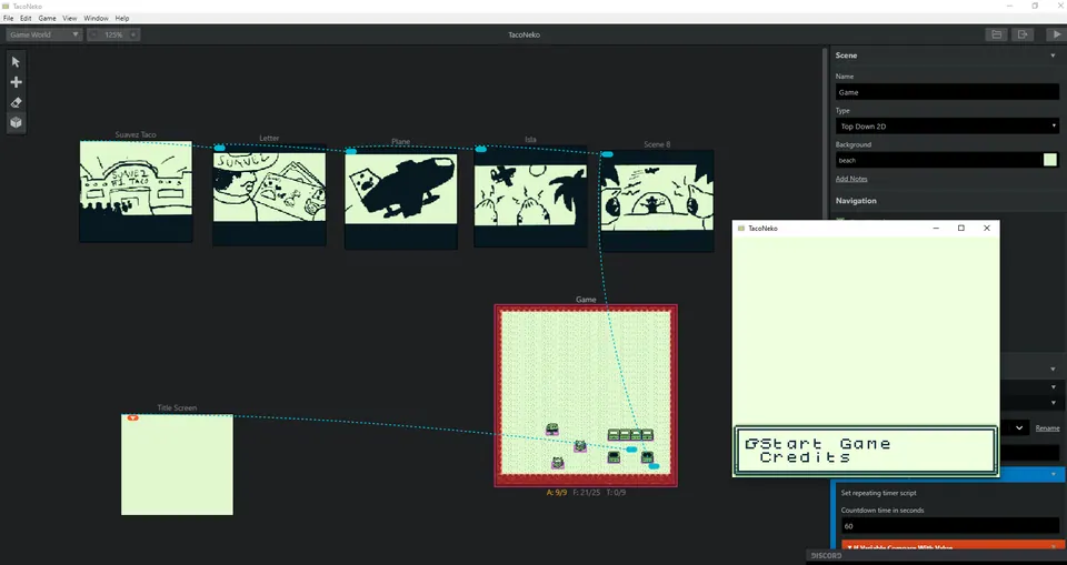 GB Studio editor showing the scene graph with the intro panels, the game map, a title screen and a preview window with Start Game and Credits