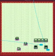 First debug level in GB Studio: a pale green field with a cat, trees, a row of bins on the right and dotted blue event lines inside a red border