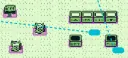 Zoomed-in view of the debug level showing trees, a cat sprite and the row of ingredient bins