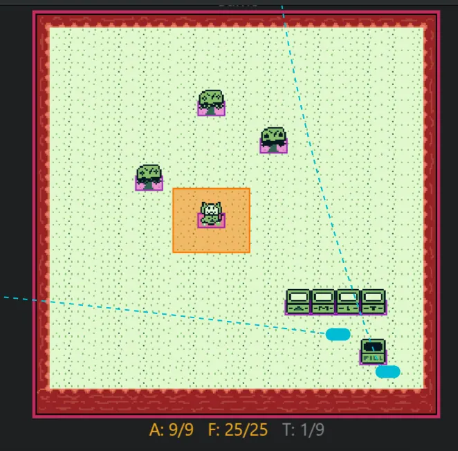 GB Studio level with four trees, a cat inside an orange trigger zone, a row of bins and an actor counter reading 9 of 9