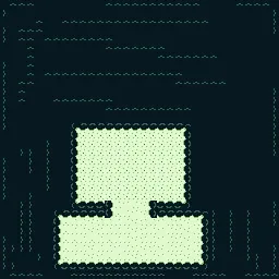 Tiled map of the first starting layout: a pale green island shaped like a tall T on a dark background