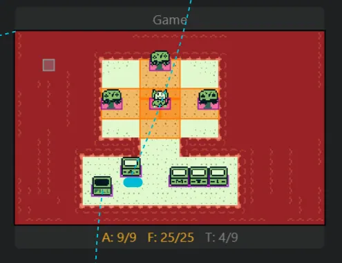 The final intro level in GB Studio with orange danger zones on the pale ground, trees, a cat and four bins