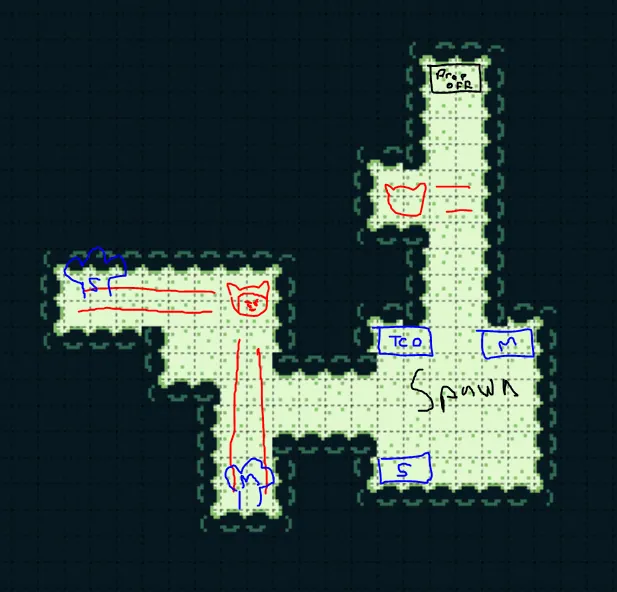Hand-annotated sketch of the early Level 2 map, with the spawn point, bins marked in blue and cats and their sightlines in red