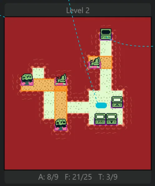 The final Level 2 in GB Studio on a red collision background, with trees, orange danger zones and bins