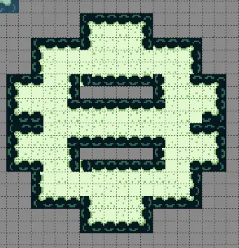 A more complex Level 3 island layout, cross-shaped with inner walls and channels