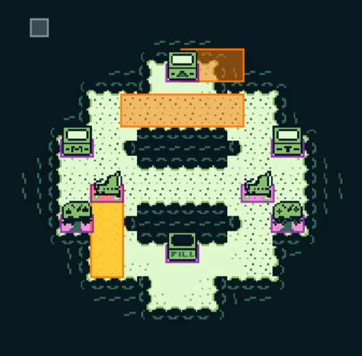 The Level 3 layout in GB Studio showing trees, bins and orange danger zones on a rounded island