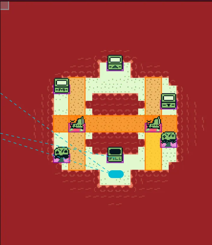 Asymmetrical version of the Level 3 island with orange danger zones, trees and bins on a red background