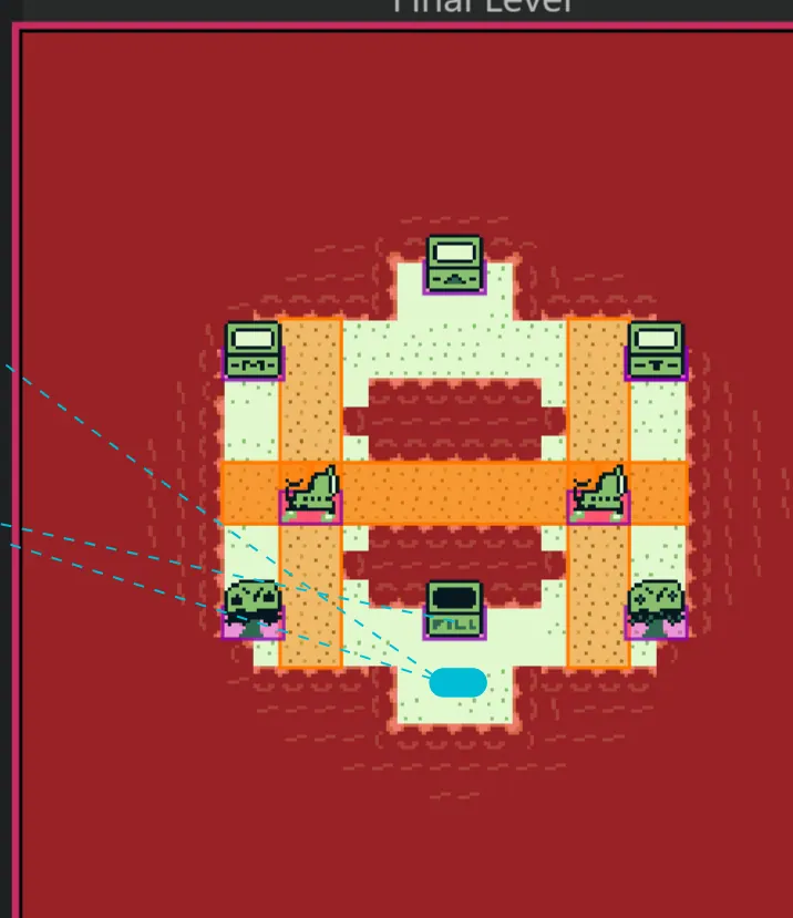 The final Level 3, a symmetrical island with orange danger zones, trees and bins on a red background