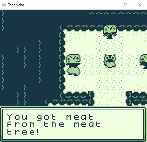 TacoNeko game window showing Suavez beside trees, with the dialogue You got meat from the meat tree