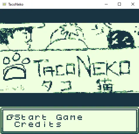 TacoNeko title screen with hand-drawn art, the TacoNeko logo with a paw-print taco icon and Japanese characters, and a Start Game and Credits menu