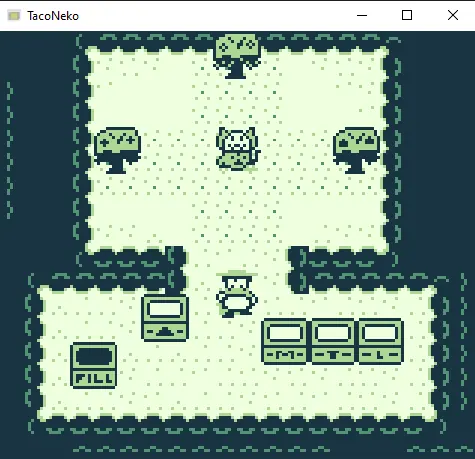 TacoNeko gameplay window showing a cat between two trees, Suavez below, and a row of bins at the bottom